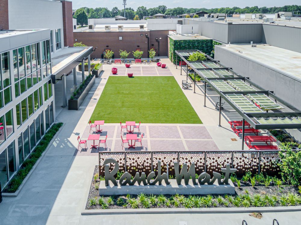 Aerial view of The Yard community green space at Ranch Mart North in Leawood, Kansas
